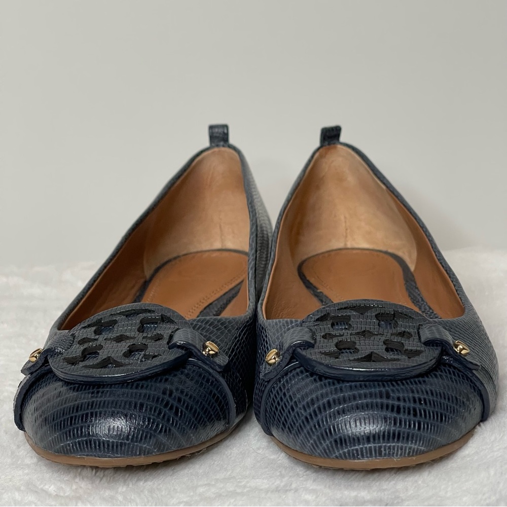Tory Burch Navy Blue Mini Miller Flat - Matte Micro Tejus Print Size 9 - Picture 4 of 11